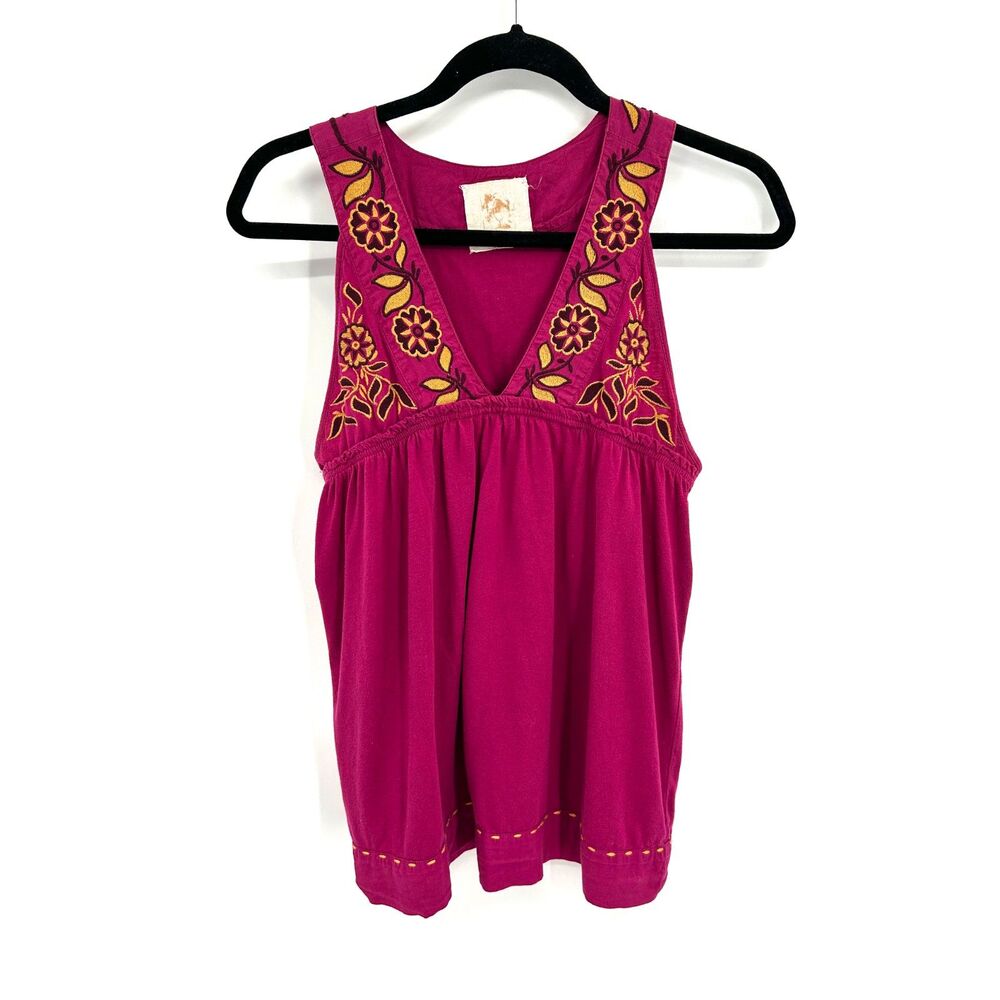 ANTHROPOLOGIE Magenta Yellow Floral Embroidered V-Neck Babydoll Tank Top Medium